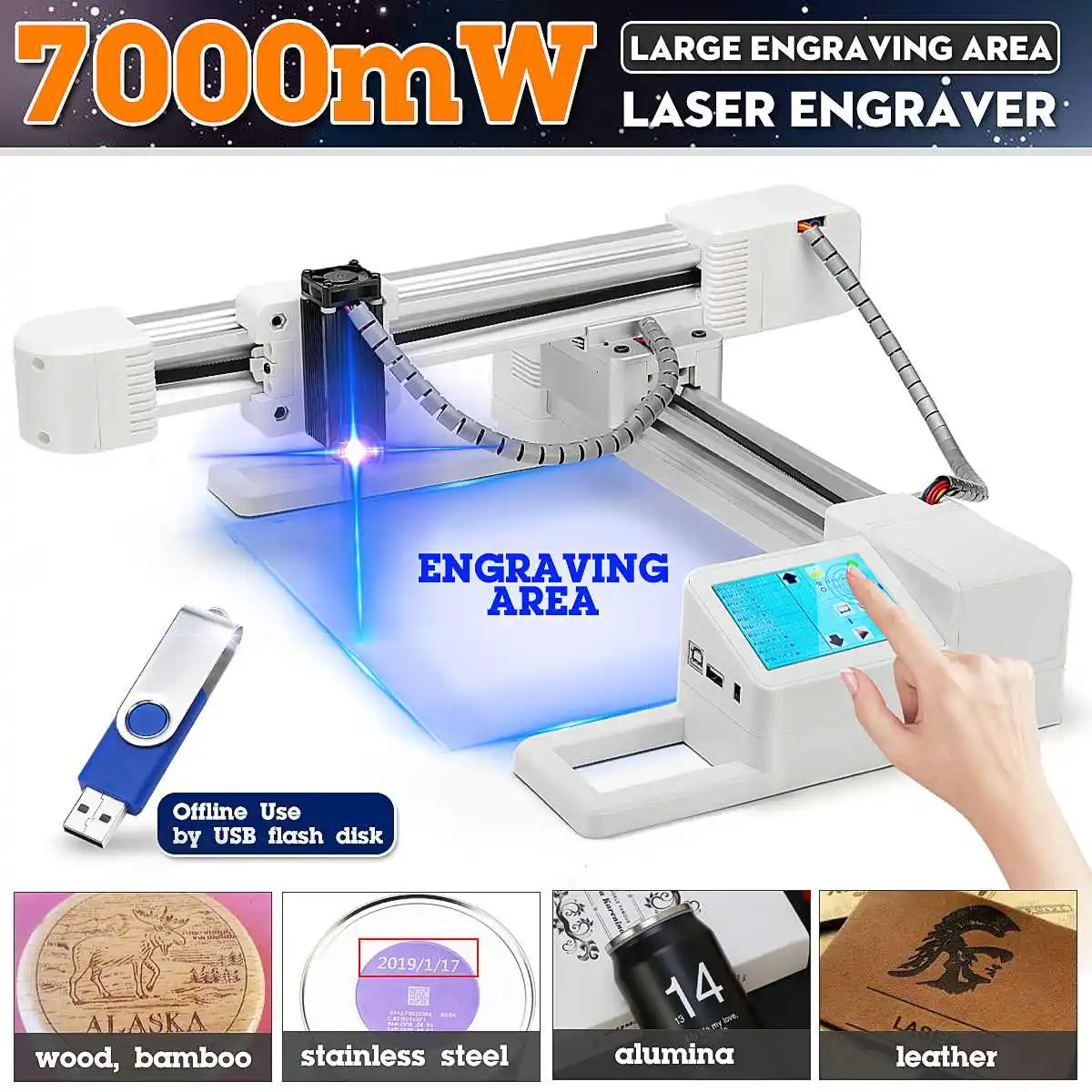 

Large Engraving Area 7000mW Professional Laser Engraving Machine Engraver Logo Printer Cutter +Simple specification
