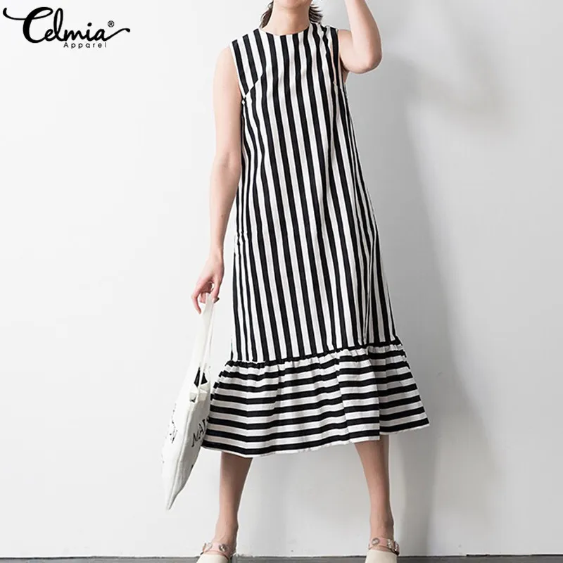 

Oversized Women Vintage Striped Shirt Dress Celmia 2019 Summer Sleeveless Ruffle Party Dresses Casual Loose Midi Vestidos Femme