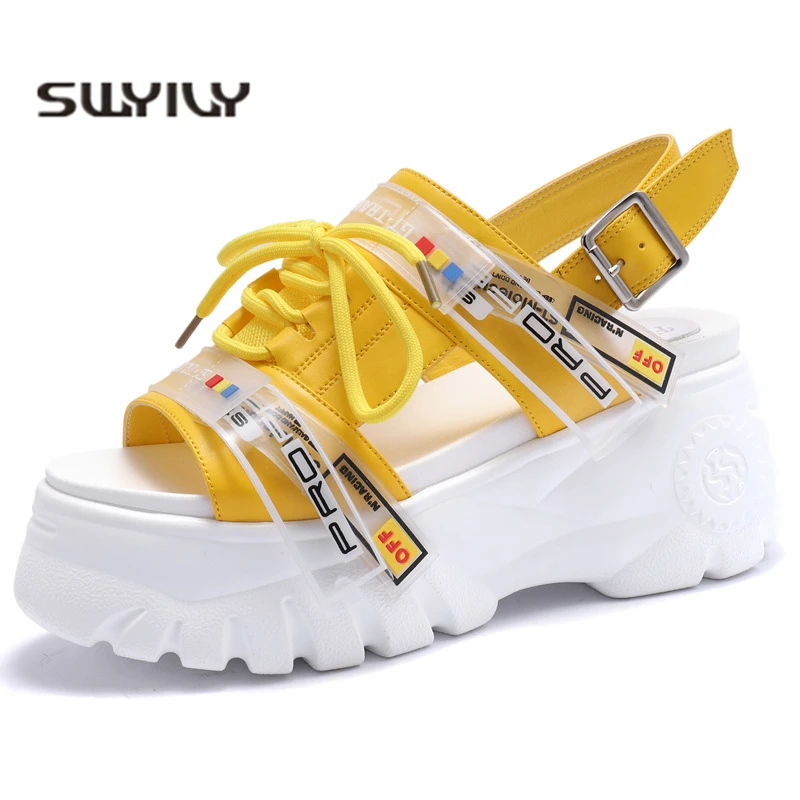 

SWYIVY Yellow Sandals Woman Shoes Summer Genuine Leather Elegant Sandals Platform Casual Shoes Female Heeled Sandal White 2019