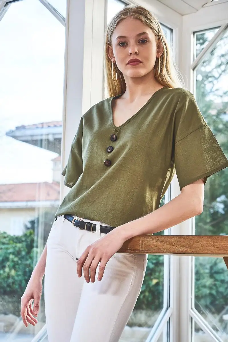 Boutiquen Women Khaki Yeşili Button Linen Blouse 10928DBlouses