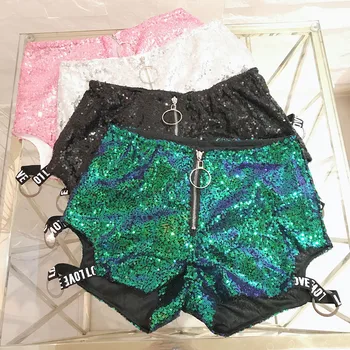 

Yewa Sexy Paillette Letter Hot Denim Shorts Woman Mid Waist Split Shorts Side Nightclub Fashion Denim Shorts 2019 Summer