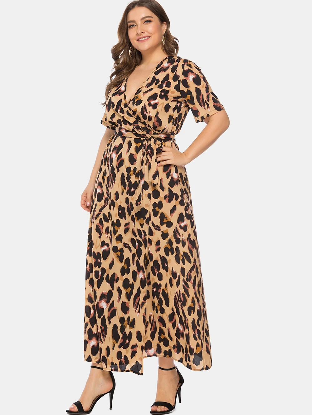Wipalo женское платье большого размера 6XL с леопардовым принтом, Платье макси с v-образным вырезом и коротким рукавом, Повседневное платье длиной до лодыжки, летнее платье