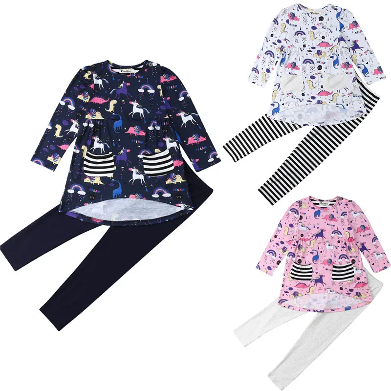 

3-8T Casual Kids Girl Unicorn Dinosaur Printed Outfits Long Sleeve Pockets Loose Dress Tops Long Pencil Pants 2Pcs Girl Sets