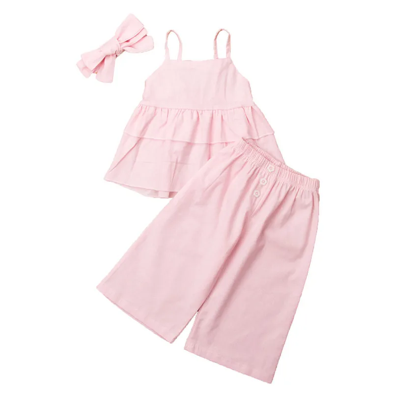 

Princess Fashion 3pcs Toddler Kids Girls Clothes Set Ruffles Vest Tee Tops Wide Leg Pants Headband Summer Children Suit 2019