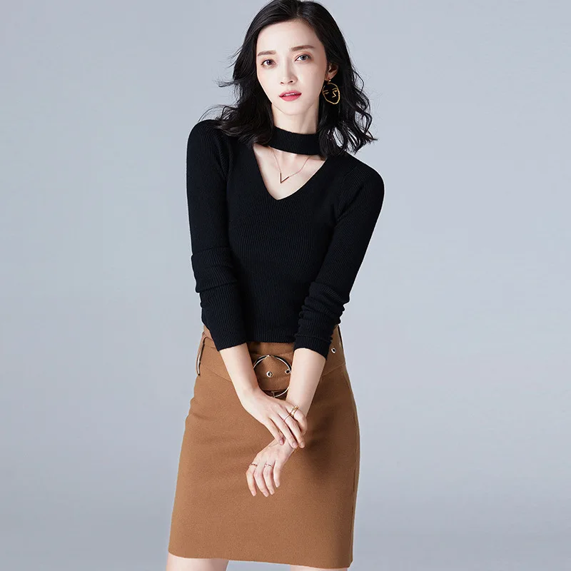 2018 autumn and winter new V-neck sweater wild slim slimming shirt long-sleeved slim pullover sweater women