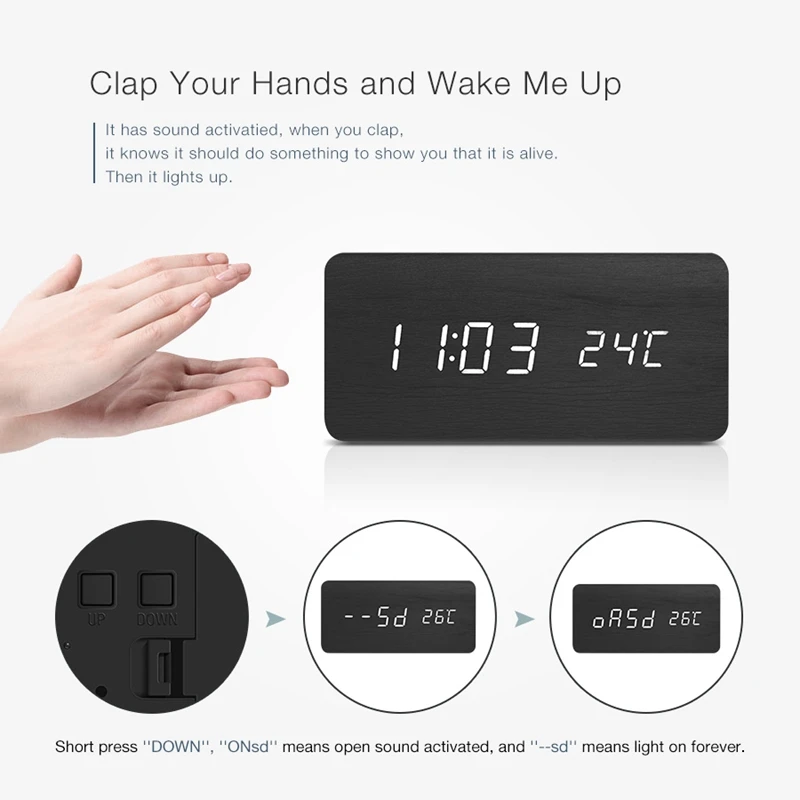 Digoo DG-AC2, 3 режима, деревянный Голосовое управление, умный пульт дистанционного управления, светодиодный цифровой будильник, отображение времени, температура, настольные часы