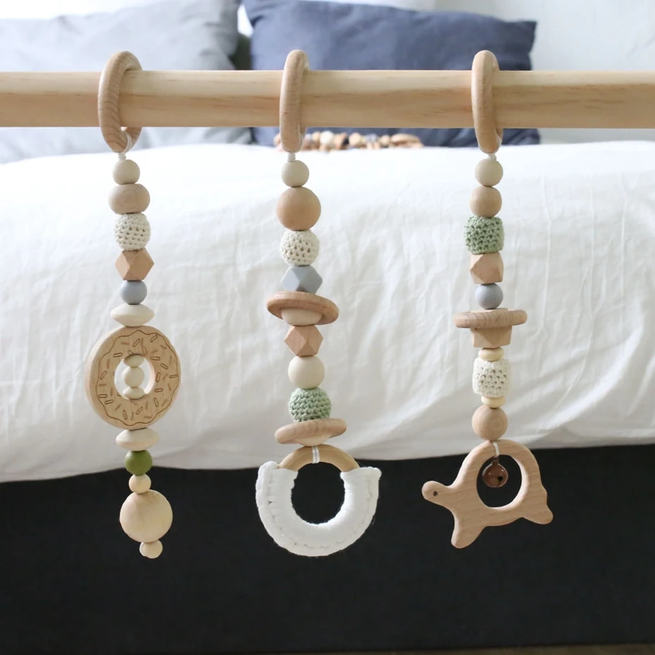 3Pc/Set Sensory Baby Teether Wooden Ring Crochet Beads Wooden Teething Toys Cartoon Silicone Teether Baby Rattles Crib Mobiles
