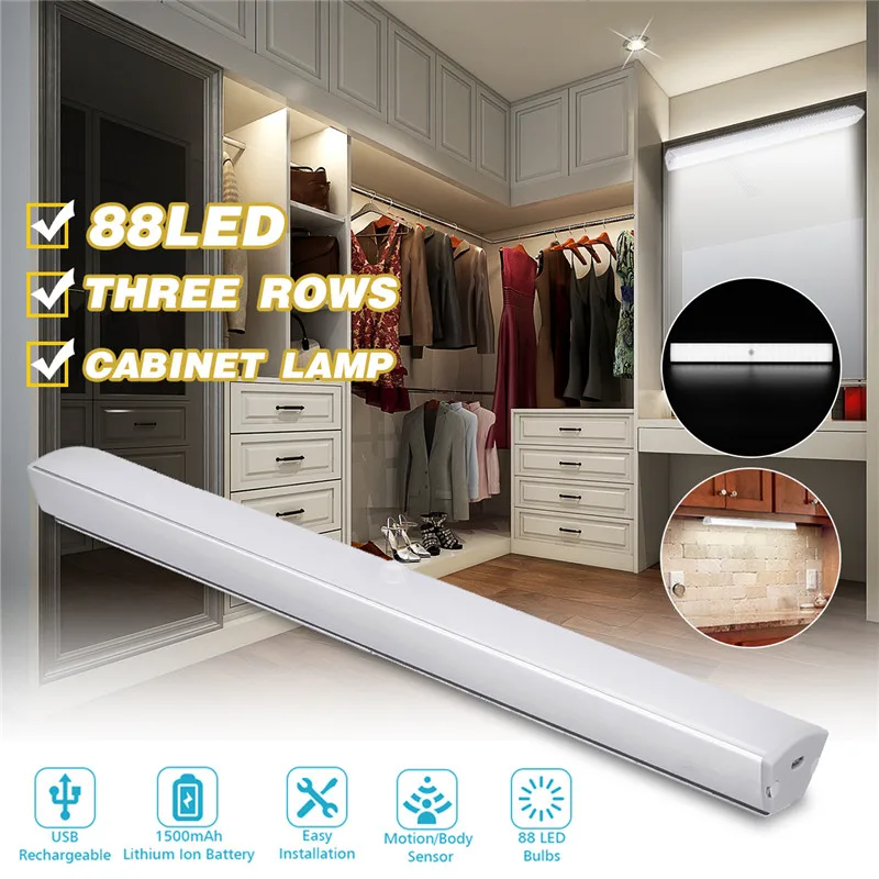 

USB Rechargeable PIR sensor Bar Light 88 LED Cabinet Lights Night Lights LED Tube Light Bulb Decoration Wardrobe Kitchen Lamps