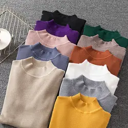 2019 новые осенние Для женщин с длинным рукавом вязаные свитера с высоким воротом Топы Повседневное приталенные пуловеры свитер