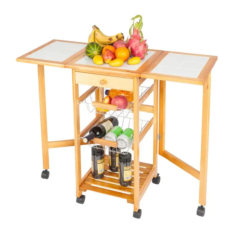 

Portable Rolling Drop Leaf Kitchen Storage Trolley Cart Island Sapele Color US Direct Shipment