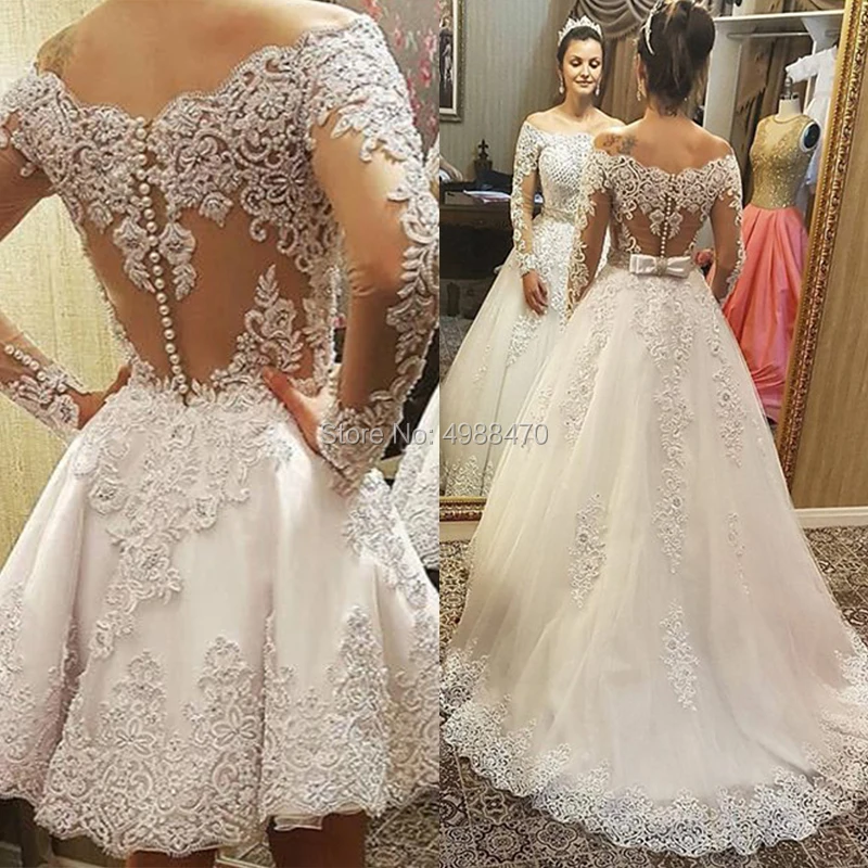 

Boat Neck Luxury 2 In 1 Wedding Dress 2019 Long Sleeves Bridal Gowns Appliques Pearls Bride Marriage Dresses Vestidos De Novia