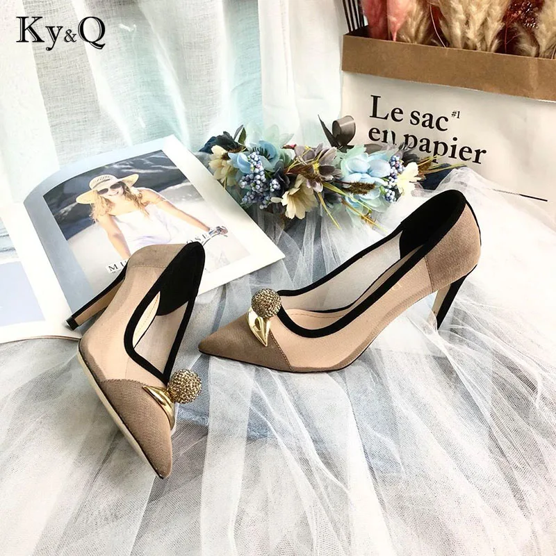 

NEW Woman Pumps Thin Heels New Brand Pointed Toes Crystal Ball Lips Air Mesh High Heels Elegant Lady Wedding Party Shoes 9cm