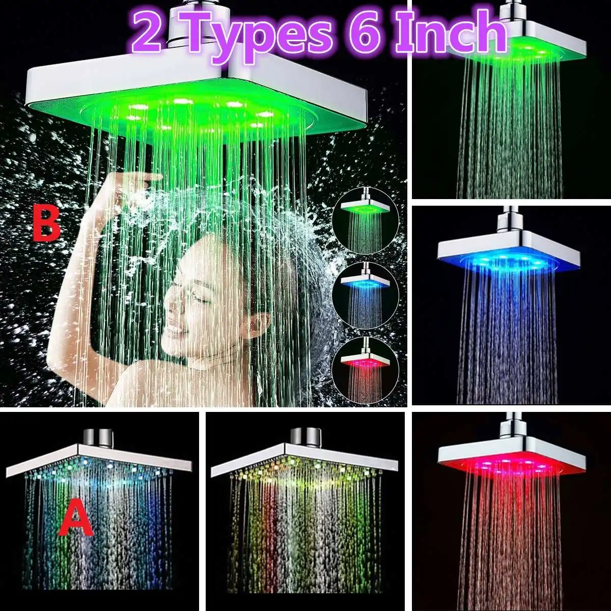 

Xueqin 6 Inch ABS Square Rainfall LED Changing Shower Head Adjudtable Water Flow Spray Temperature Sensor Chrome Finish
