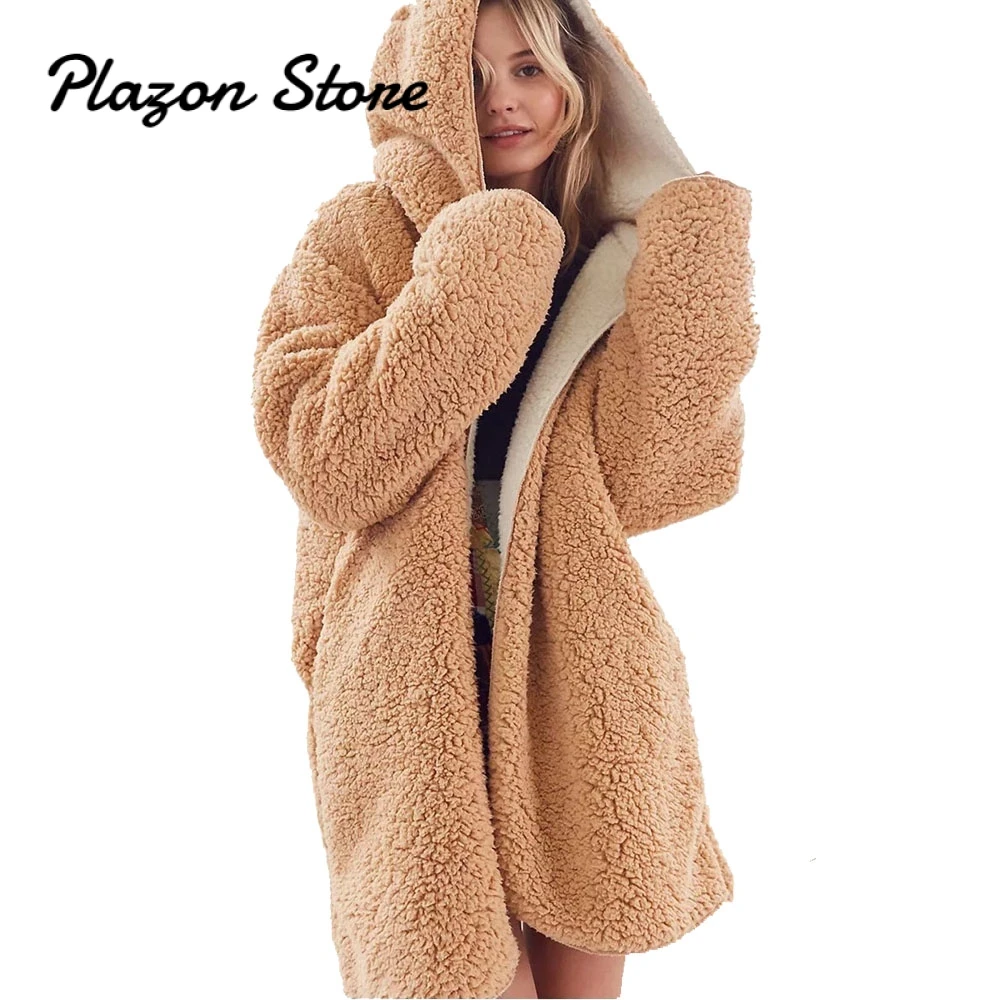 

Hooded Open Front Lamb Wool Coat Female Plush Overcoat Casual Outerwear 2018 Autumn Winter Warm Soft Fur Coat