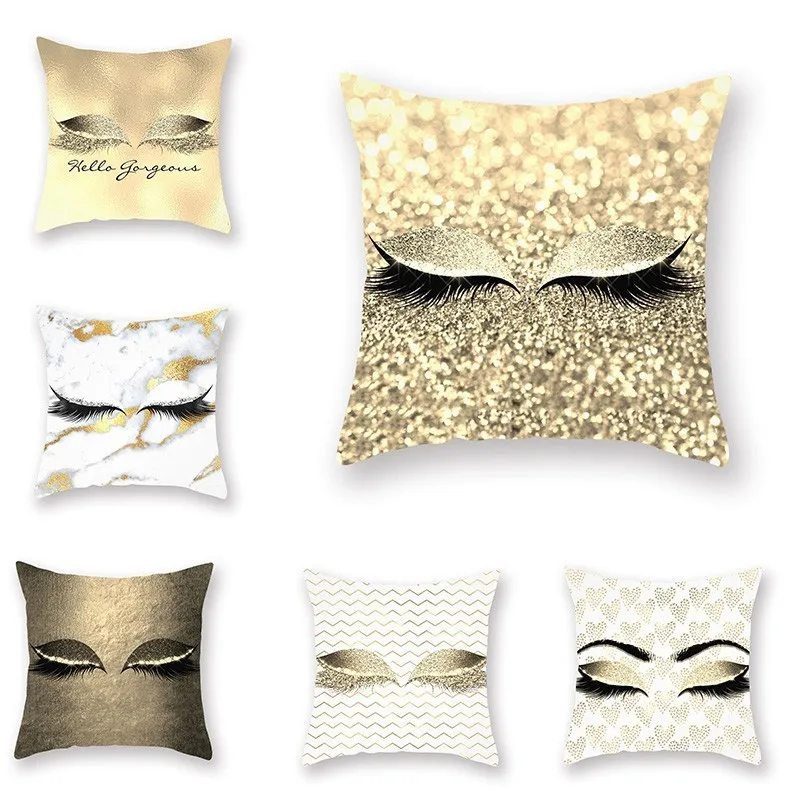 

45*45cm Elegant Golden Lash Out Soft Cushion Cover Eyelash Pillow Case Glitter Polyester Sofa Throw Cushion Cover Home Decor