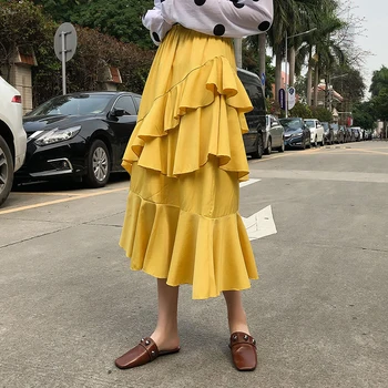 

Lolita Skirt Korean Fashion Black White Long High Waist Skirt Asymmetrical Fishtail design women cake layer ruffle skirts saia