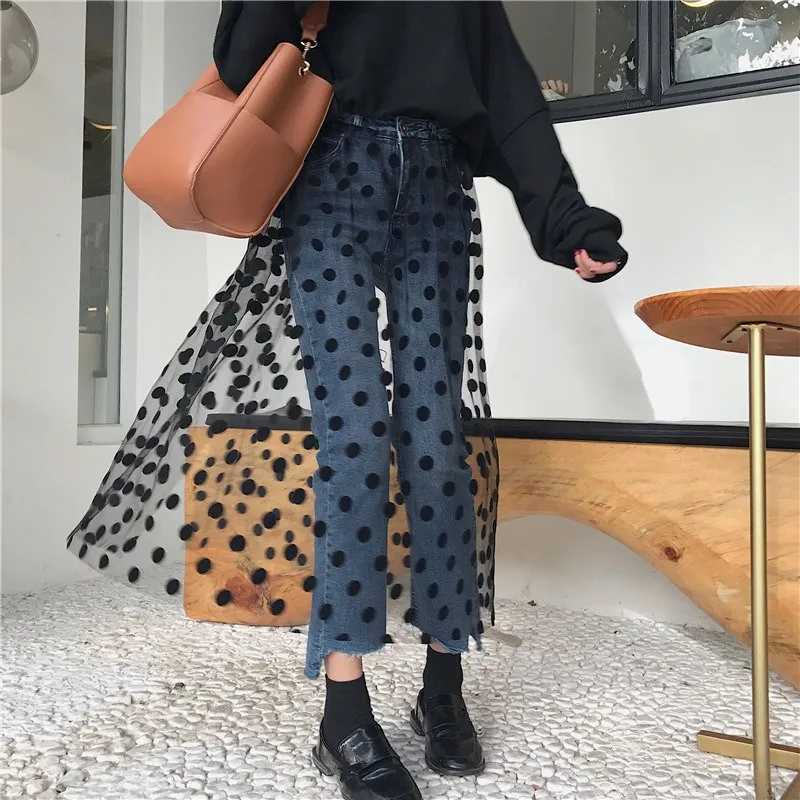 

2019 Women Lace Polka Dot High Waist Jeans Fashion Irregular Denim Straight Pants Female Nine-point Casual Trousers