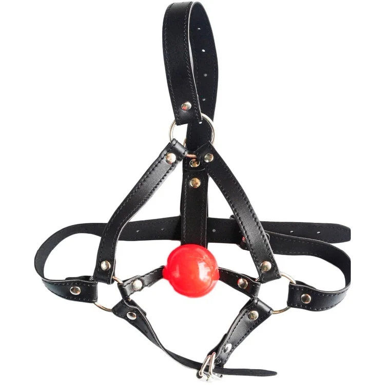 PU Leather Head Harness Bondage Open Mouth Gag Restraint Red Silicone Ball Adult Fetish SM