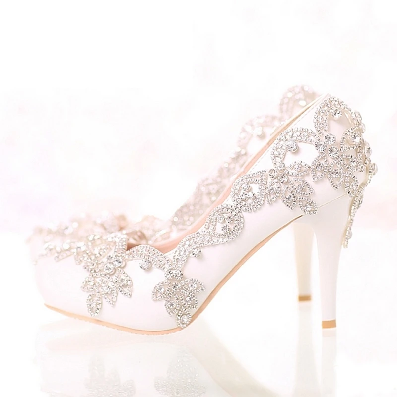 

Exquisite Rhinestone Bridal Shoes Pointed Toe and Round Toe Platform White Color Wedding Shoes with Silver Rhinestone Prom Pumps