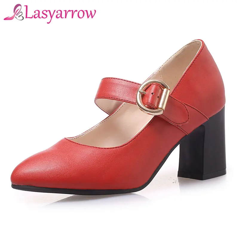 

Lasyarrow Fashion Lady's Office Dress Mary Jane Shoes Red Black PU Leather High Heels Pumps Large Size Female 2019 Buckle Pumps