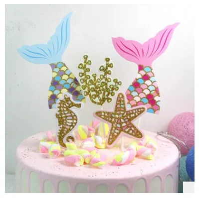 

5pcs/set Glitter Mermaid Tail Starfish Seahorse Cake Toppers Picks For Gender Reveal Baby Shower Kids Birthday Party Decoration