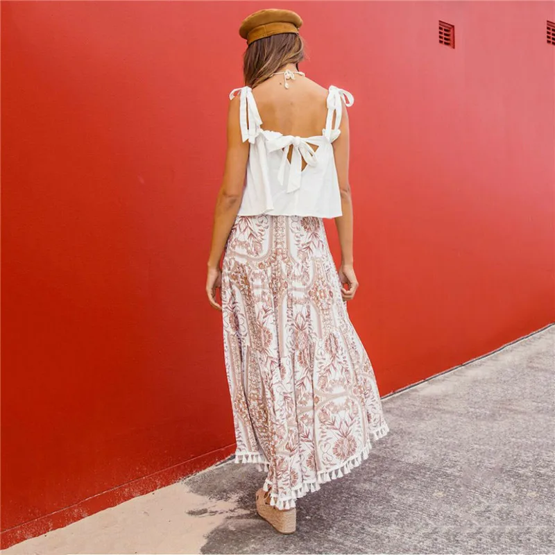 Boho женские Цветочные пляжные длинные юбки модные женские с высокой талией бахромой цветочный принт макси юбка Сарафан повседневные платья Верхняя одежда