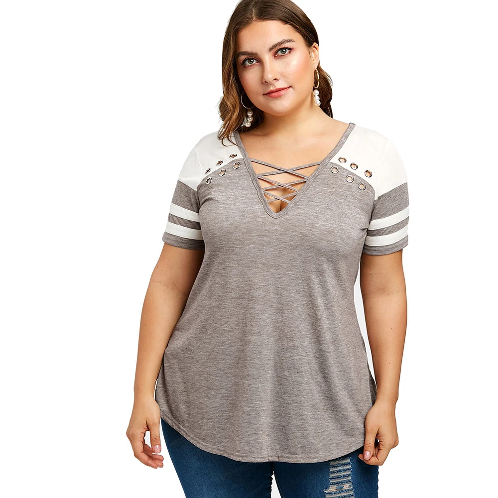 

Rosegal Criss Cross Contrast Plus Size T-Shirt Female Women Tops Summer V-Neck Short Sleeve T Shirt Pullover Lady Clothes 5XL