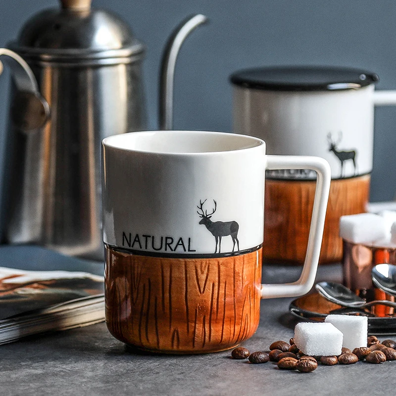 

375ml Europe Style Deer Ceramic Coffee Mugs with Lid and Spoon Milk Tea Cup Christmas Gifts