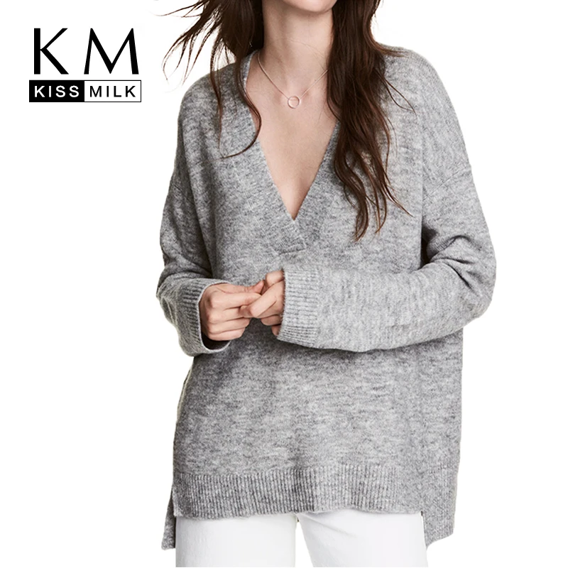 

Kissmilk Plus Size Deep V-neck autumn simple popular loose oversized pullover sweater