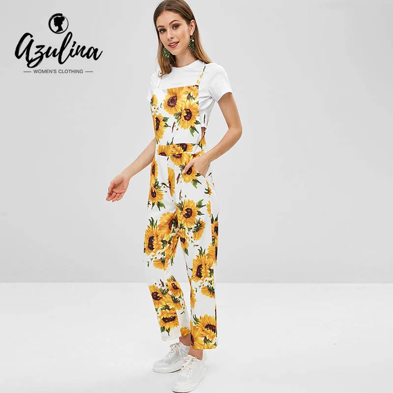 ZAFUL Sunflower Print Overalls Women Jumpsuit Summer Spring Backless Square Collar Sleeveless Long Rompers Ladies Clothes 2019 ZAFUL Sunflower Print Overalls Women Jumpsuit Summer Spring Backless Square Collar Sleeveless Long Rompers Ladies Clothes 2019