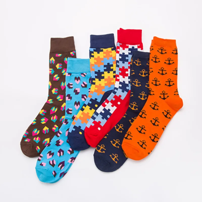 

Men Socks Fashion Colorful Jigsaw Love Anchors Funny Skate Happy Casual Cotton Socks Harajuku Hip Hop Street Style Male Autumn