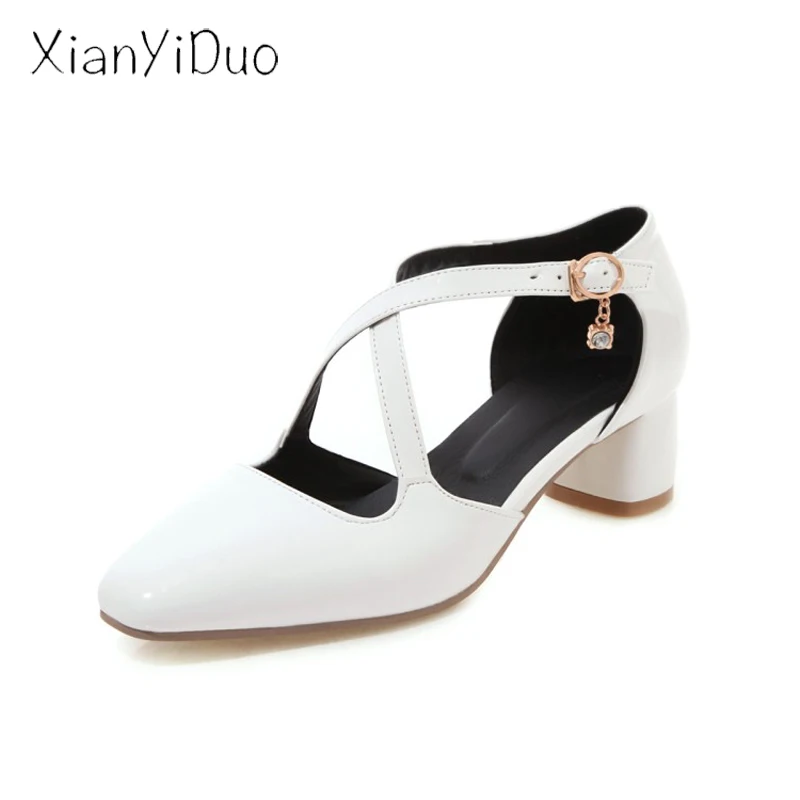

xianyiduo 2019 Summer Patent Leather Womens shoes mid Heels Block Cover Heel sandals Square Toe plus Size 33-48 Yellow White/h92