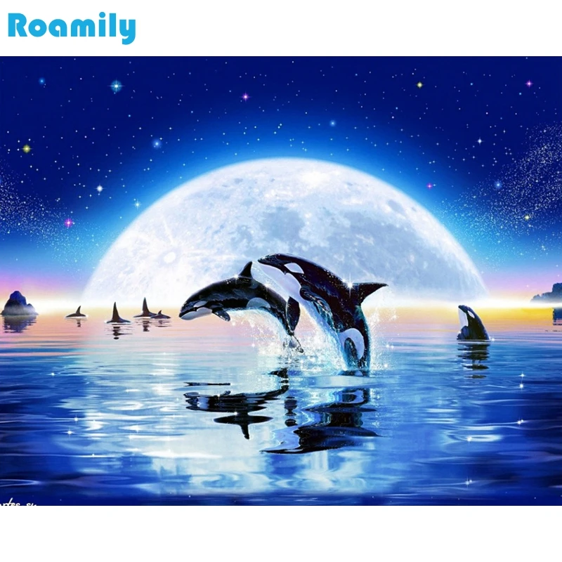 

ROAMILY, 5D DIY Diamond Painting Dolphin Animal,Picture By Rhinestones,Square/Round,Diamond-painting,Painting Wall