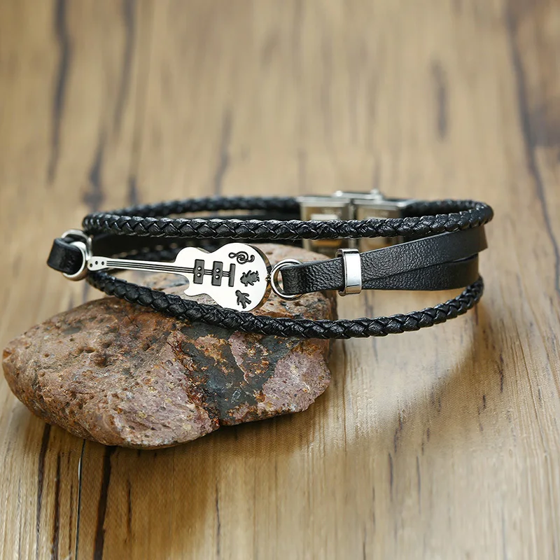 

Vnox Fashion Guitar Charm Bracelet Black Leather Bracelets Multi Layer Braided Men Jewelry Stainless Steel Bangle Punk Pulseira