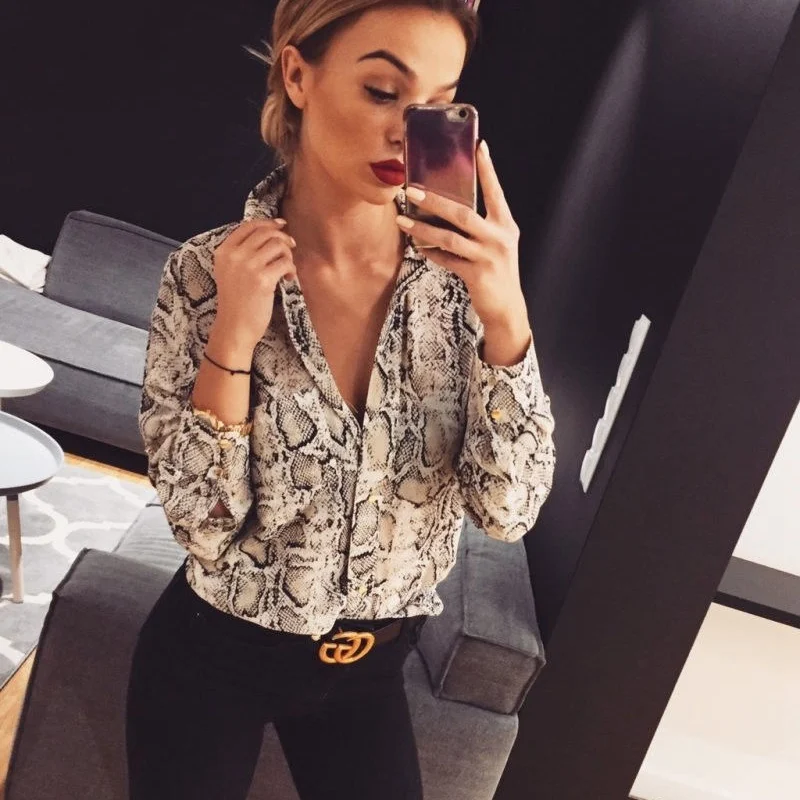 

New 2019 Women Summer Leopard Print Long Sleeve Button V Neck Snake Skin Shirt Casual Blouse Tops