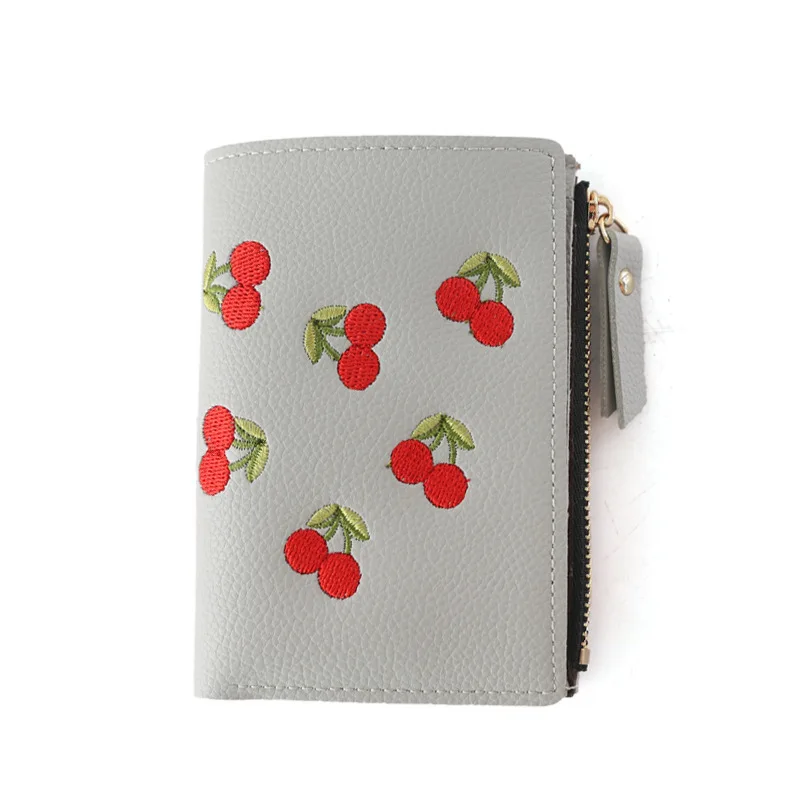 Женский кошелек из искусственной кожи, держатель для карт, с вышивкой фруктов, вертикальная застежка, вишневый небольшой бумажник, милый