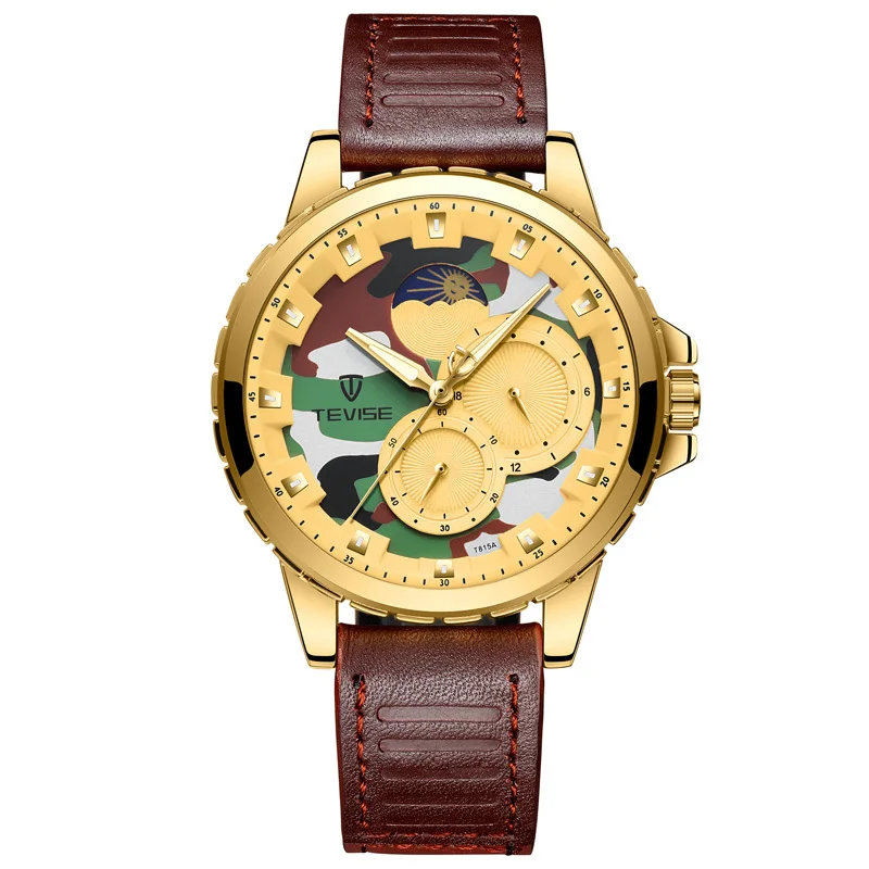 

TEVISE Luxury Waterproof Automatic Men Mechanical Watch Moon Phase Luminous Self-Winding Man Casual Wristwatch Leather Gift