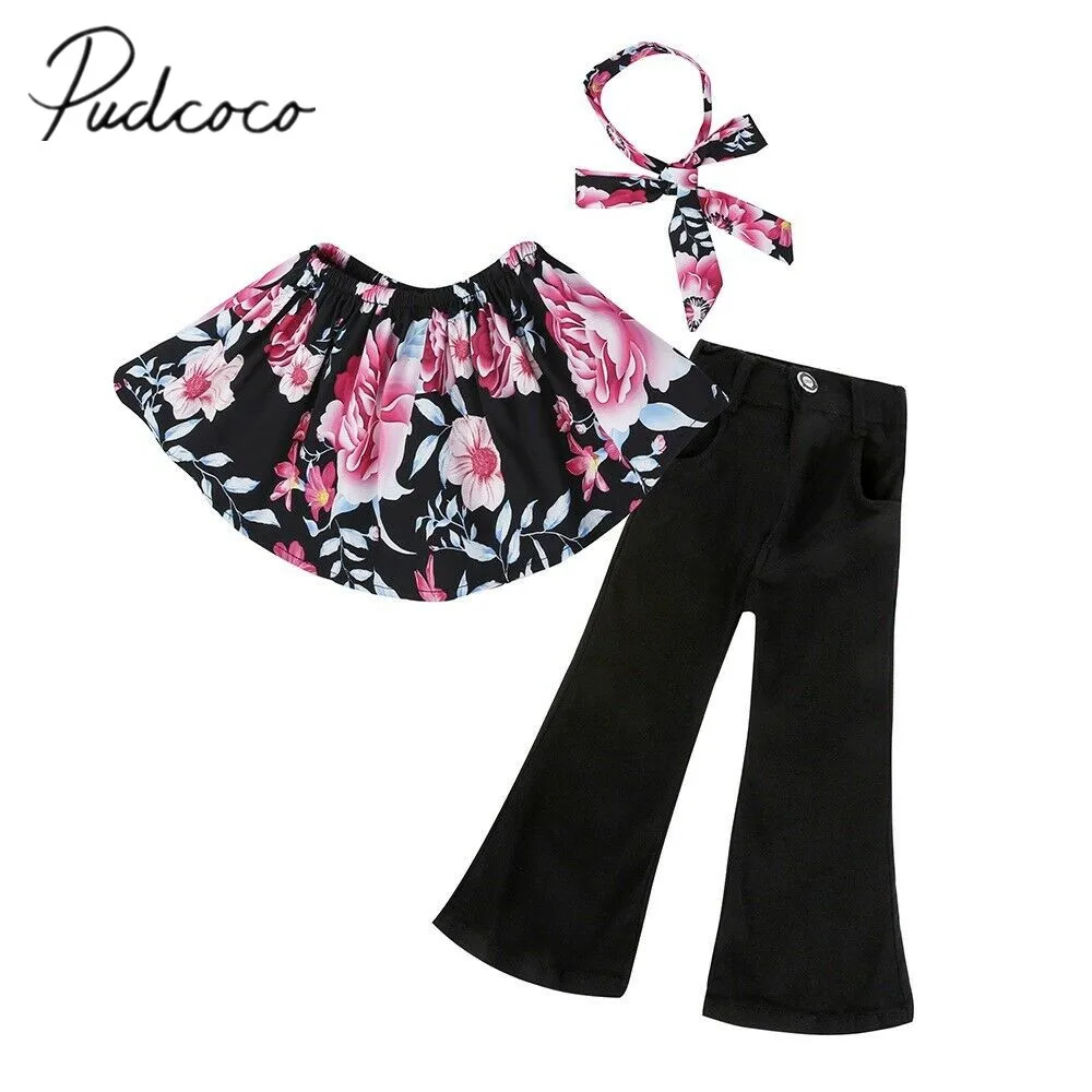 

2019 Baby Summer Clothing Toddler Baby Girl Kid Outfit Strapless Floral T-shirt Crops Tops Long Flare Pants Headband 3Pcs Set