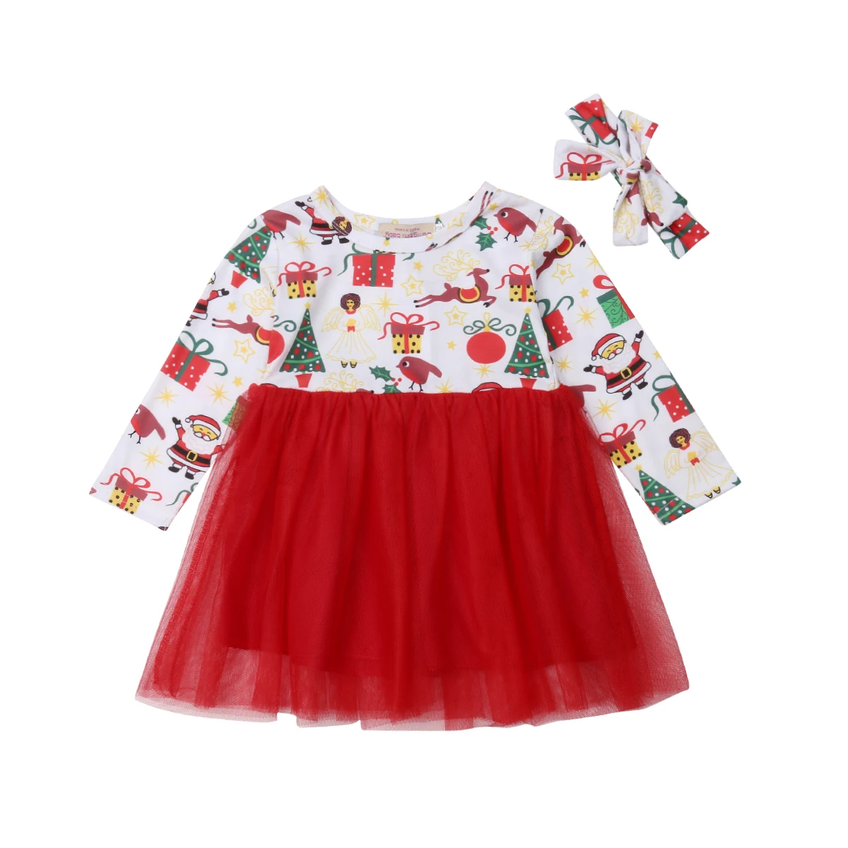 

Christmas Toddler Kids Baby Girl Dress Long Sleeve Print Tutu Patchwork Tulle Princess Girls Party Dresses Headband 2PCS Clothes