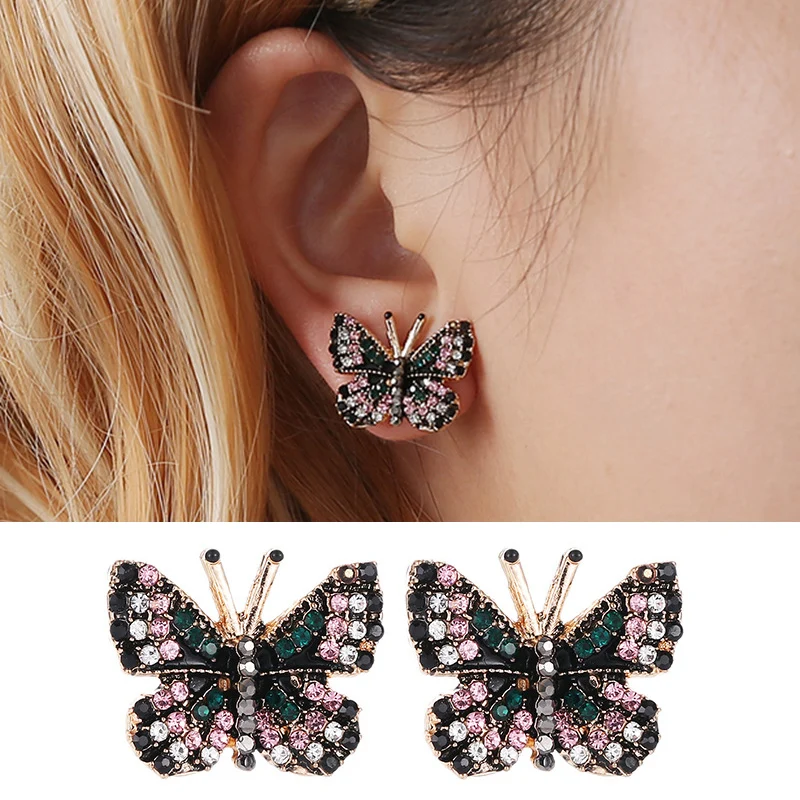 

1Pair Colorful Rhinestone Inlaid Butterfly Butterfly Girls Beautiful Gold Color Piercing Metal Sweet Crystal Gifts Stud Earring