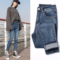 2018 осень и Новинка зимы узор шикарные джинсы женские девять часть Высокая Талия синий Корейский студент карандаш эластичная манжета брюки