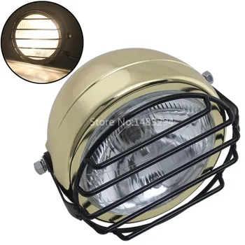 

7" Golden Motorcycle Vintage Projector Headlight Hi/Lo Clear Lens Streak Grid Cover Universal