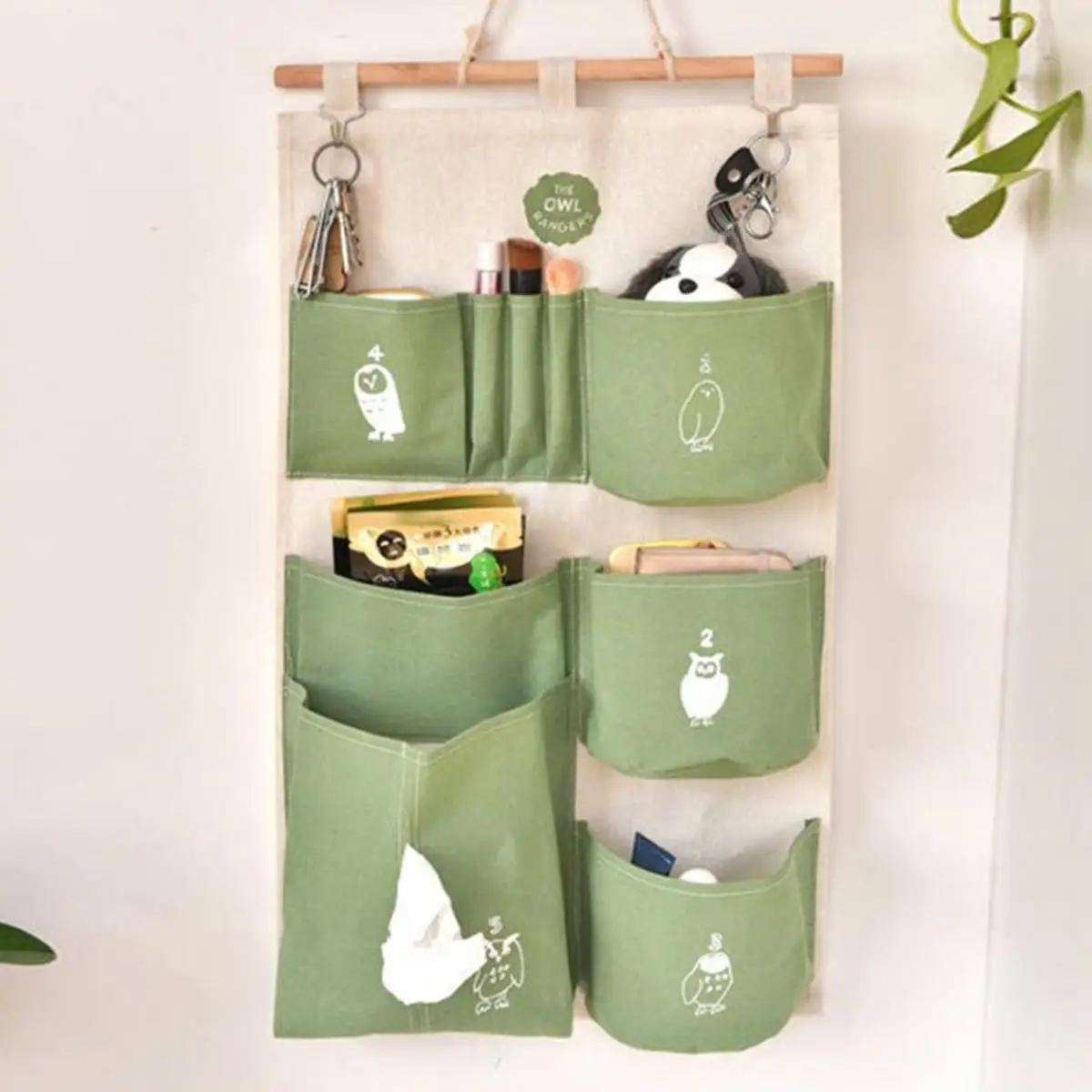 Green Multi Pockets Dots Cotton Linen Wall Hanging Storage Bag Wall