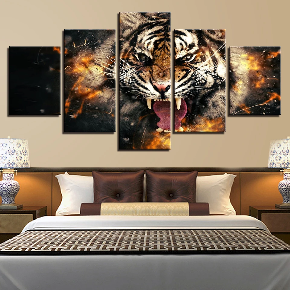 

Wall Art Poster Modern Home Decor Living Room Canvas 5 Panel Roaring Tiger Animal Framework HD Print Painting Modular Pictures
