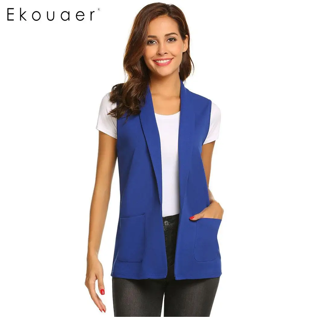 

Ekouaer Fashion Elegant Office Vest Coat Lady Pocket Coat Sleeveless Vests Jacket Outwear Casual Basic Waistcoat