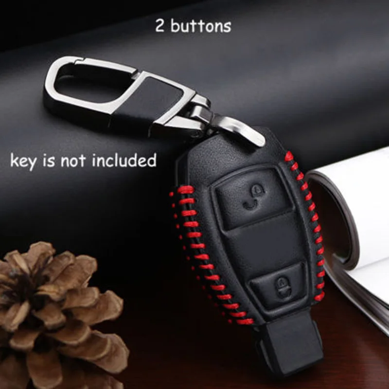 

Leather Car Remote Key Shell Cover Cases For Mercedes-Benz 3-Buttons Car Remote Key Shell Fob Bags W/ Keychain Auto accessories