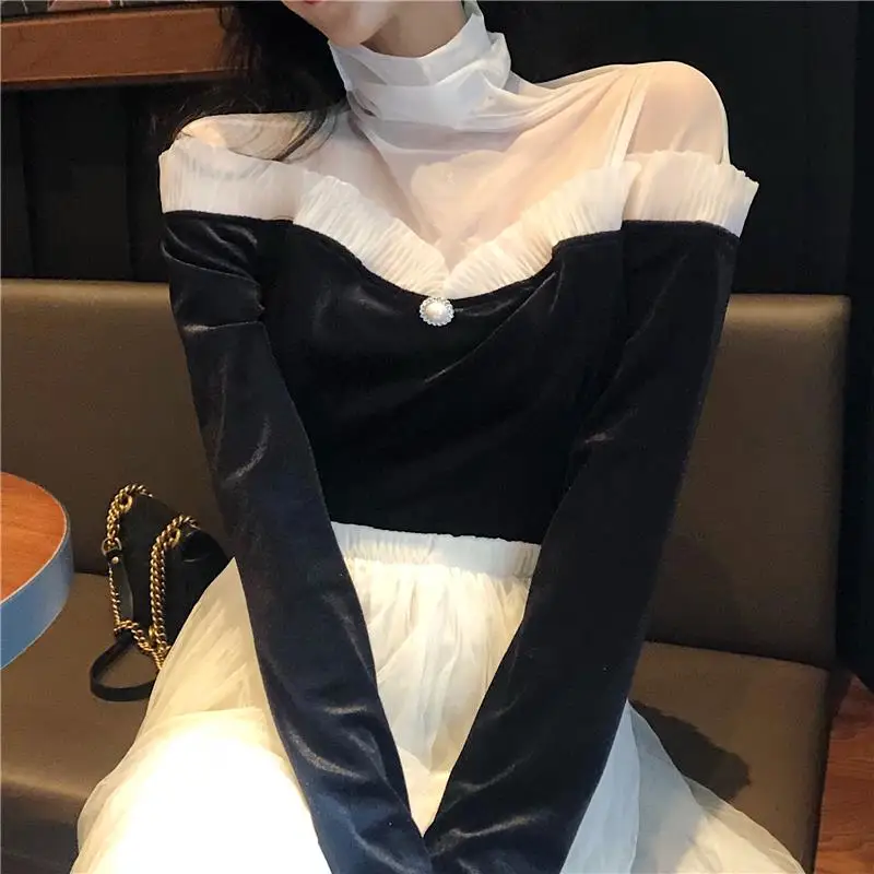Velvet Stitching Mesh Women Tops Tee Long Sleeve Vintage Sexy Shirt Ladies Black