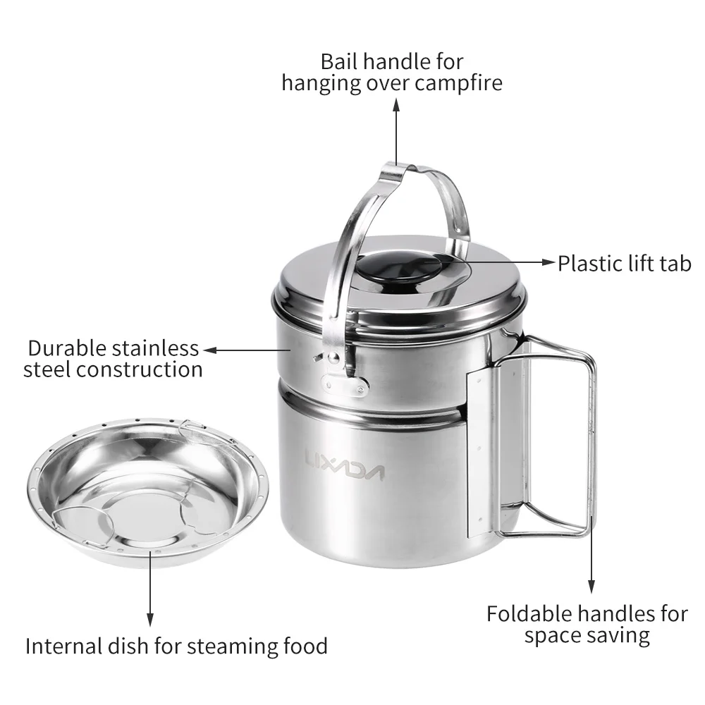 Lixada de cocina de acero inoxidable conjunto vajilla olla fianza manejar Camping olla interna humeante plato mango plegable al aire libre olla