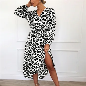 

New Fashion Women Ladies Dresses Long Sleeve Leopard Print Autumn Loose Casual Party V-Neck Cocktail Midi Dress