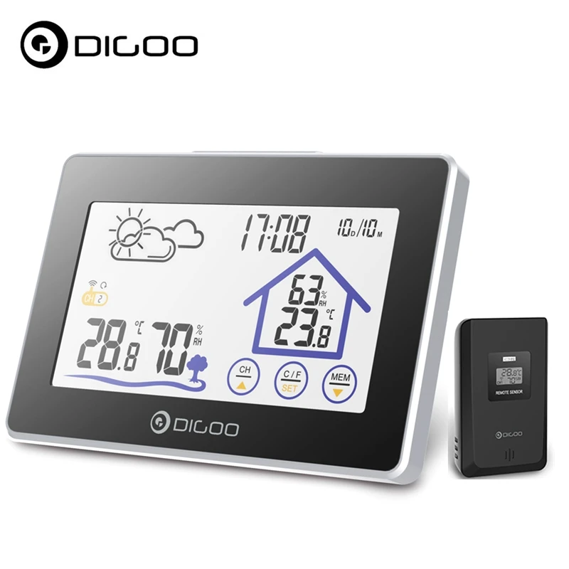 

Digoo DG-TH8380 Temperature Sensor Wireless Touch Screen Weather Station Thermometer Outdoor Forecast Sensor Clock for Outgoing